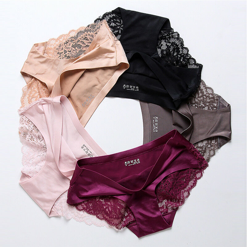 Womens Seamless Panties 4 Pack Lace Lingerie Soft Satin Underwear Brief Knickers